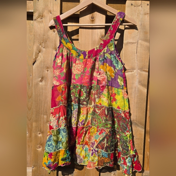 VINTAGE Colorful Patchwork Bohemian Dress / Top Handmade in Nepal - small - Picture 2 of 8